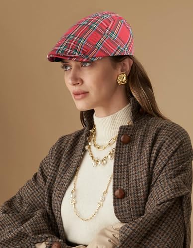 DIYDECAL Plaid Newsboy Hats Retro Flat Cap Gatsby Cabbie Driving Hat for Mens Womens - color: Red