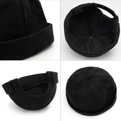 Men Docker Cap Brimless Skullcap Sailor Cap Rolled Cuff Retro Beanie Hat with Adjustable - color: Black Suede