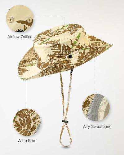 Printed Bucket Hat UPF 50+ Sun Hat, Women Men Roll-Up Brim Boonie Hat - color: Dark Khaki