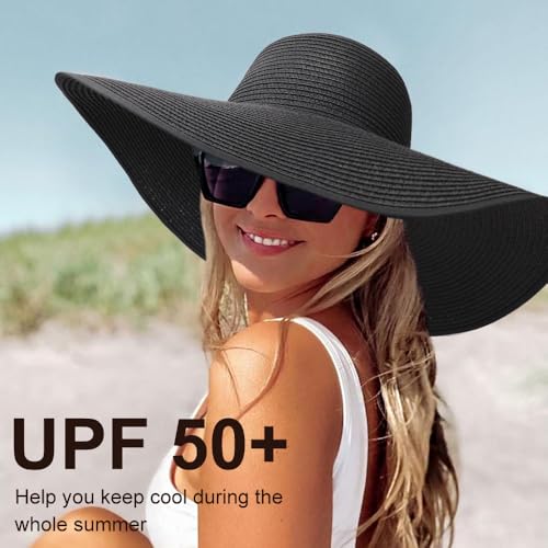 DRESHOW Big Straw Sun Hats for Women Floppy Foldable Roll up Beach Cap Sun Hat UPF 50+ Vacation Honeymoon Embroidered Hat - color: Medium Size: Black / Brim 5.5" (Head Circumference 22-22.8")