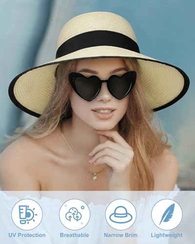 Sun Straw Hats for Women, Wide Brim Summer Beach Hat - color: Beige Black, size: X-Large