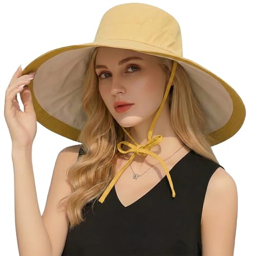 Wide Brim Sun Hat for Women Reversible Beach Hats Metal Wired Edge Gardening Hats, UPF 50+ Bucket Summer Hat - color: Yellow Beige