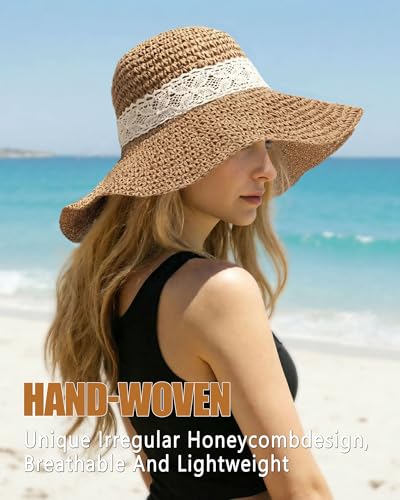Sun Hats for Women, Summer Beach Straw Wide Brim Bucket Hat - color: Light Khaki, size: Large