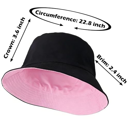 Bucket Hat for Men and Women 2-in-1 Reversible Sun Protection Fashion Flat Top Cap for Fishing Travel Beach Sports - color: Pink-black