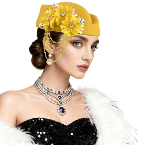 ASO OKE Beret Hats for Women British Felt hat Women's Church Derby with Tassel decorationhat Suitable for Wedding Parties - color: Gold