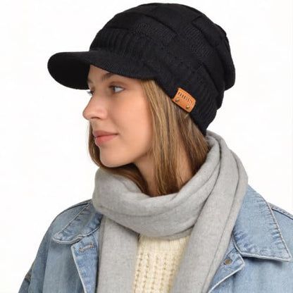 Ruphedy Mens Beanie with Brim Winter Hat Knitted Thick Fleece Visor Beanie - color: B322-black