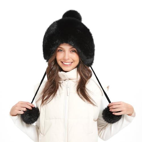 Winter Hats Cute Kint Hat Russian Fur Crochet Hat Slouchy Beanies with Pompom Warm Fuzzy Snow Cap Trapper Hat for Women - color: Black