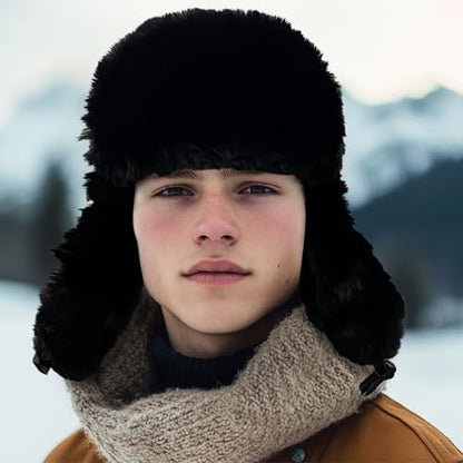 Croogo Trapper Hat Winter Hats for Men Trooper Russian Warm Hat with Ear Flaps Women Ushanka Fur Hat Windproof Ski Hat - color: Pl10-black