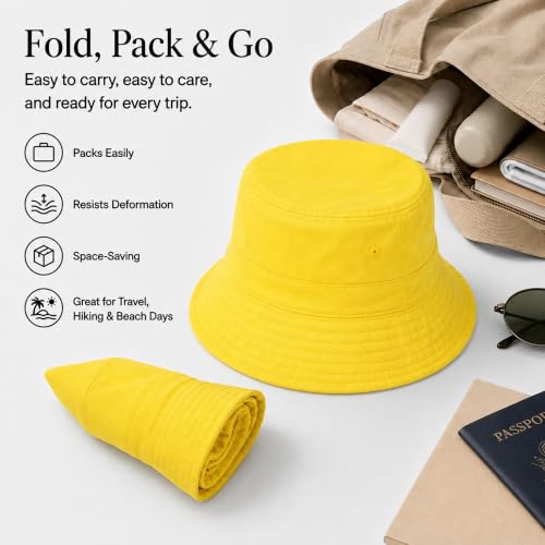 Cotton Bucket Hat Packable Beach Sun Hat for Women Men - color: Yellow