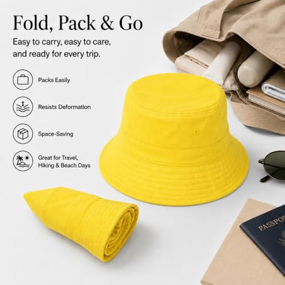 Cotton Bucket Hat Packable Beach Sun Hat for Women Men - color: Yellow