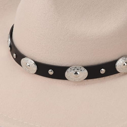 DRESHOW Women Men Classic Felt Wide Brim Western Cowboy & Cowgirl Cap Belt Buckle Retro Panama Hat Unisex Rolled up Caps - color: Beige With Black Hatband(circumference: 22-22.8")