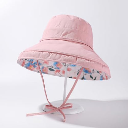 HUAMULAN Women Wide Brim Reversible Sun Hat Summer Beach Fishing Bucket - color: Pink Floral
