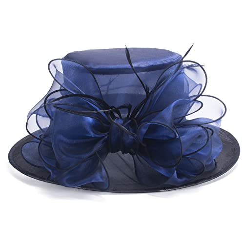 Womens Dressy Wide Brim Church Wedding Wedding Occasion Floral Hats A045 - color: Navy Blue