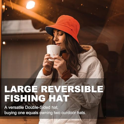 Oversize XXL Bucket Hat, Reversible Cotton Fisherman Hats, Unisex Double Side Wear Bucket Sun Hats with Chin Strap - color: Black-orange, size: Large