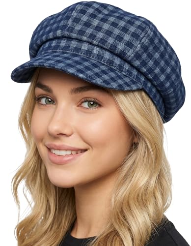 Funky Junque Women's Newsboy Cabbie Cap, Vintage Baker Boy Hat - color: Checker - Denim