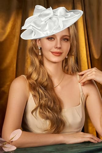 BABEYOND Derby Hats for Women Wide Brim Flower Feather Tea Party Fascinator - color: White