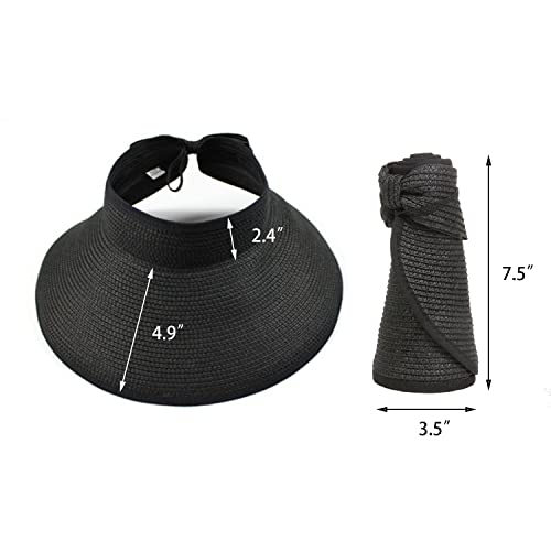DOOVID Womens Summer Straw Hats Wide Brim Sun Hat UV Protection Visor Foldable Beach Hat for Women - color: Black