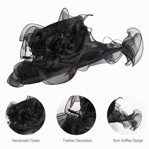 Women Oganza Sun Hat Church Wide Brim Wedding Formal Fascinator Hat - color: Black