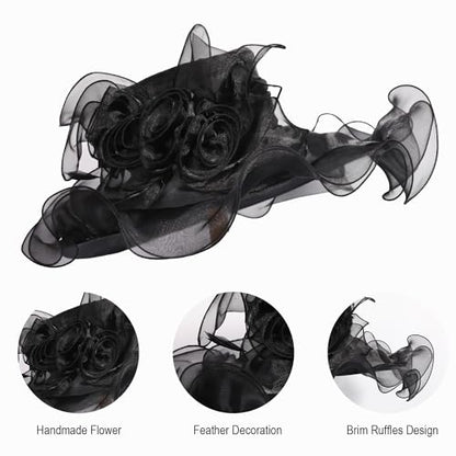 Women Oganza Sun Hat Church Wide Brim Wedding Formal Fascinator Hat - color: Black