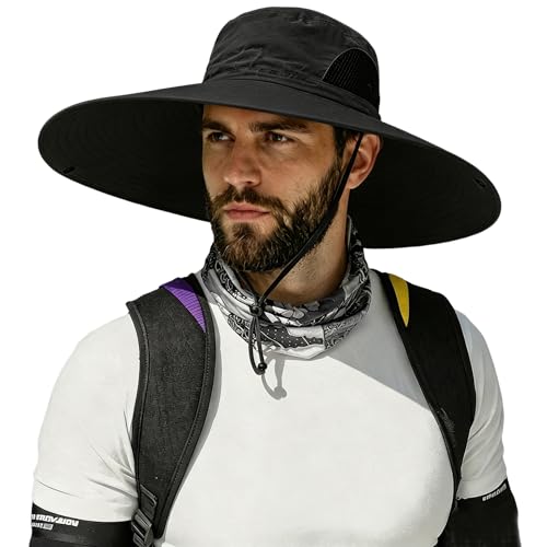 HUAMULAN Men Women 6" Wide Brim Sun Protection Hat Summer Fishing Hats - color: Hn002-black