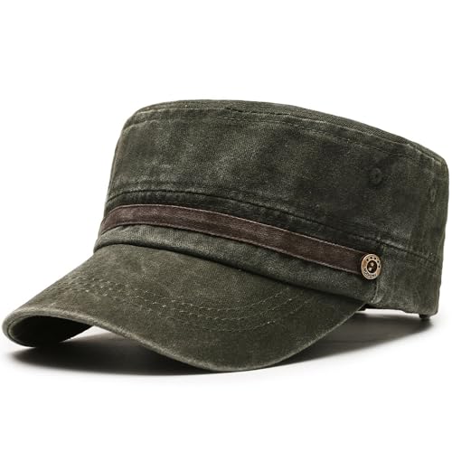 Unisex Cadet Army Cap Military Adjustable Flat Top Hat for Men Women - color: Washed Green