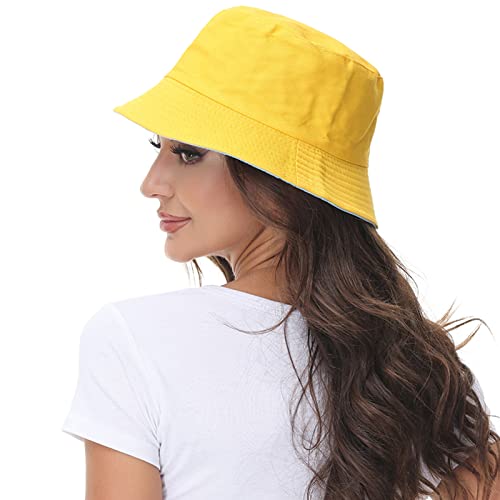 Women Reversible Bucket Hat, Summer Sun Hat for Women - color: Skyblue- Yellow