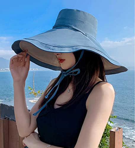 HUAMULAN Women Summer Vacation Wide Brim Sun Hat Reversible Fishing Hats - color: Bluebeige