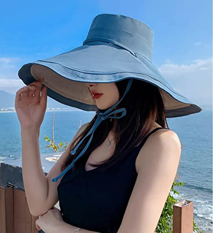 HUAMULAN Women Summer Vacation Wide Brim Sun Hat Reversible Fishing Hats - color: Bluebeige