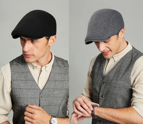 2 Pack Newsboy Cap for Men Women Flat Cap Beret Ivy Cabbie Hat - color: Black + Dark Gray