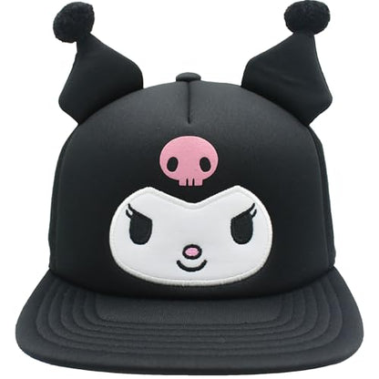 Hello Kitty Baseball Cap, Women's Snapback Hat with Flat Brim and 3D Ribbon and Ears - style: Kuromi