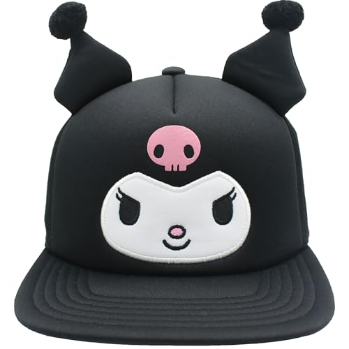 Hello Kitty Baseball Cap, Women's Snapback Hat with Flat Brim and 3D Ribbon and Ears - style: Kuromi