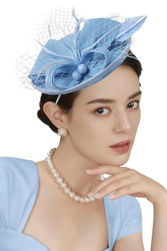 BABEYOND Fascinators Hats for Women Tea Party Pillbox Sinamay Derby Hat - color: Light Blue
