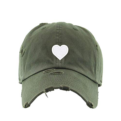 Heart Vintage Baseball Cap Embroidered Cotton Adjustable Distressed Dad Hat - color: Olive
