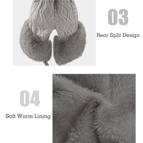 Womens Faux Fur Hat with Fluffy Pompom for Winter Fuzzy Knitted Beanies Skull Cap Warm Earflaps Cold Weather Cute - color: Grey