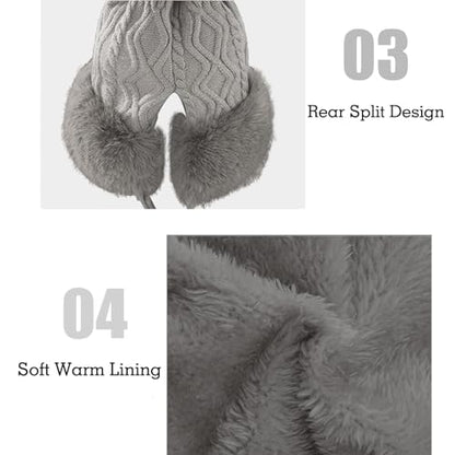 Womens Faux Fur Hat with Fluffy Pompom for Winter Fuzzy Knitted Beanies Skull Cap Warm Earflaps Cold Weather Cute - color: Grey