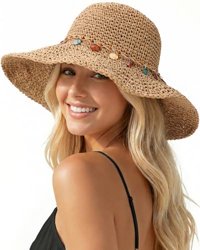 Beach Sun Hats for Women, Wide Brim Straw Hat, UPF 50+ UV Protection - color: Khaki-shell