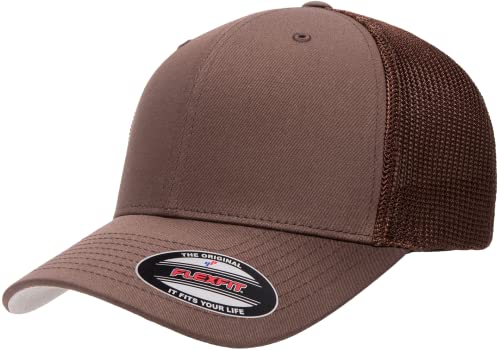 Flexfit 6511 Fitted Mid-Profile Stretchable Mesh Panels Trucker Cap - color: Brown, size: One Size