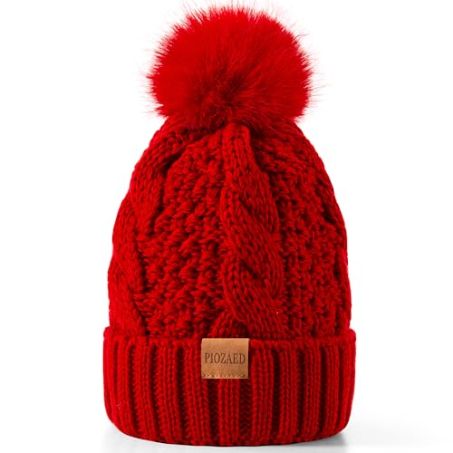 Women's Winter Pompom Beanie Warm and Cozy Knit Hat Fleece Lining Skull Cap for Women - color: Red