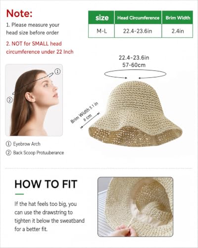 Straw Beach Hats for Women Summer Wide Brim Floppy Packable Foldable Bucket Sun Hat Travel Vacation UV Protection - color: Khaki