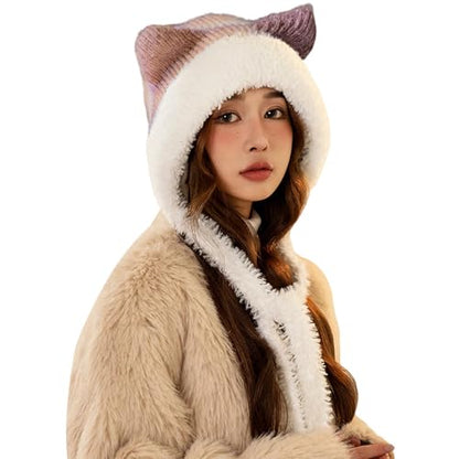 HUAMULAN Women Winter Sherpa Knit Beanie Hat Fleece Lined Ear Flaps - color: Khaki and White