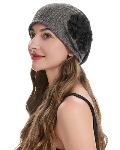 ZLYC Women Slouchy Beanie Hat Summer Knit Chemo Headwear - color: Flower Dark Gray