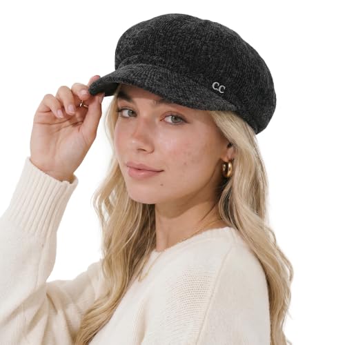 C.C Knitted Newsboy Cap for Women – Soft Knit Hat with Adjustable Velcro, Lightweight Warm Winter Style - color: Knitted-black