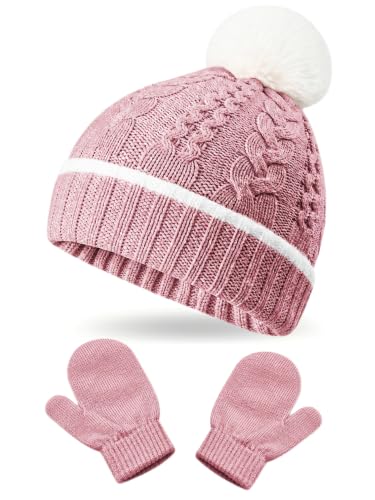 2 Pack Kids Winter Warm Beanie & Mittens Set, Soft Cable Knit Hat for Children's Toddler Baby, Cozy Cap & Gloves Pink - color: Rose-pink, size: Small