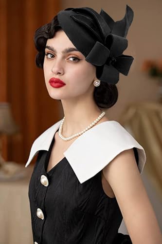 Women's Vintage 100% Wool Felt Cloche Bucket Bowler Hat Winter Vintage Bow Fedoras Church Fascinator - color: 10-black