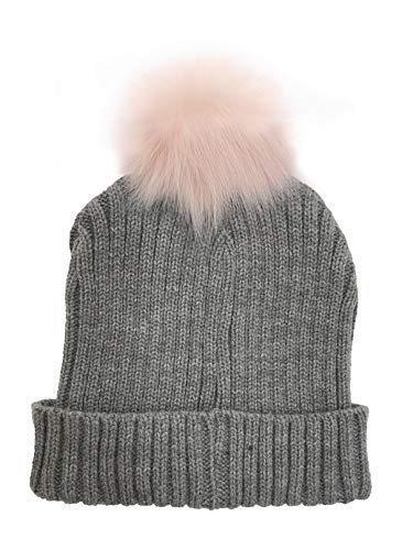 Women's Slouchy Winter Beanie Hat with Removable Faux Fur Pom - color: Light Grey/Light Pink Pom