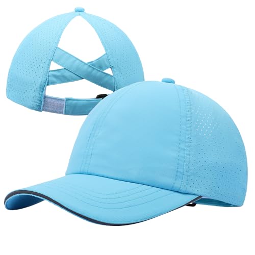 Girls Criss Cross Ponytail Hat Mesh Baseball Cap Kids Quick Dry Ponycap Hats Outdoor Summer Sports Hat Age 7-12 - color: Blue