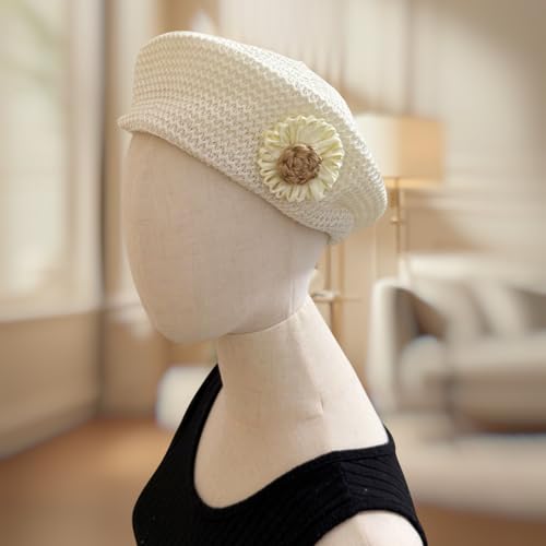Women Summer French Beret Lady Slouchy Crochet Beret Hats 3D Flower Artist Painters Woven Beach Beanie Cap - color: White+beige
