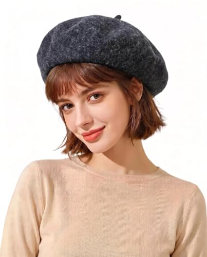 French Beret Hats for Women Men - Classic Wool Beanie Winter Cap - color: Black Grey