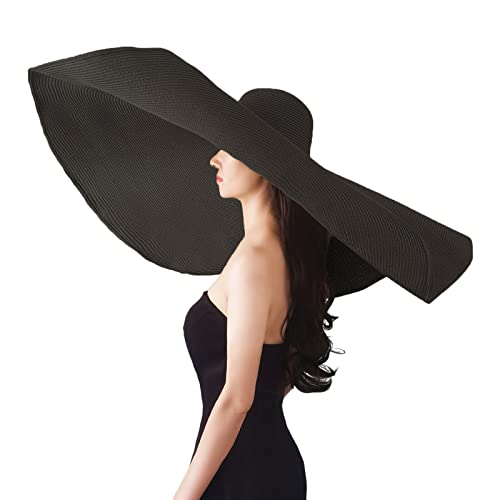 Oversized Beach Straw Hats for Women Floppy, Extra Large Sun Visor Hat Wide Brim Summer Roll Up Big Beach Hat Women Foldable - color: Diameter 90cm Black