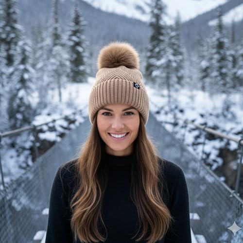 Funky Junque Basics Womens Pom Pom Beanie Winter Hats Cute Diagonal Pattern Fleece Lined Warm Stocking Caps Pompom Toboggan - color: Brown
